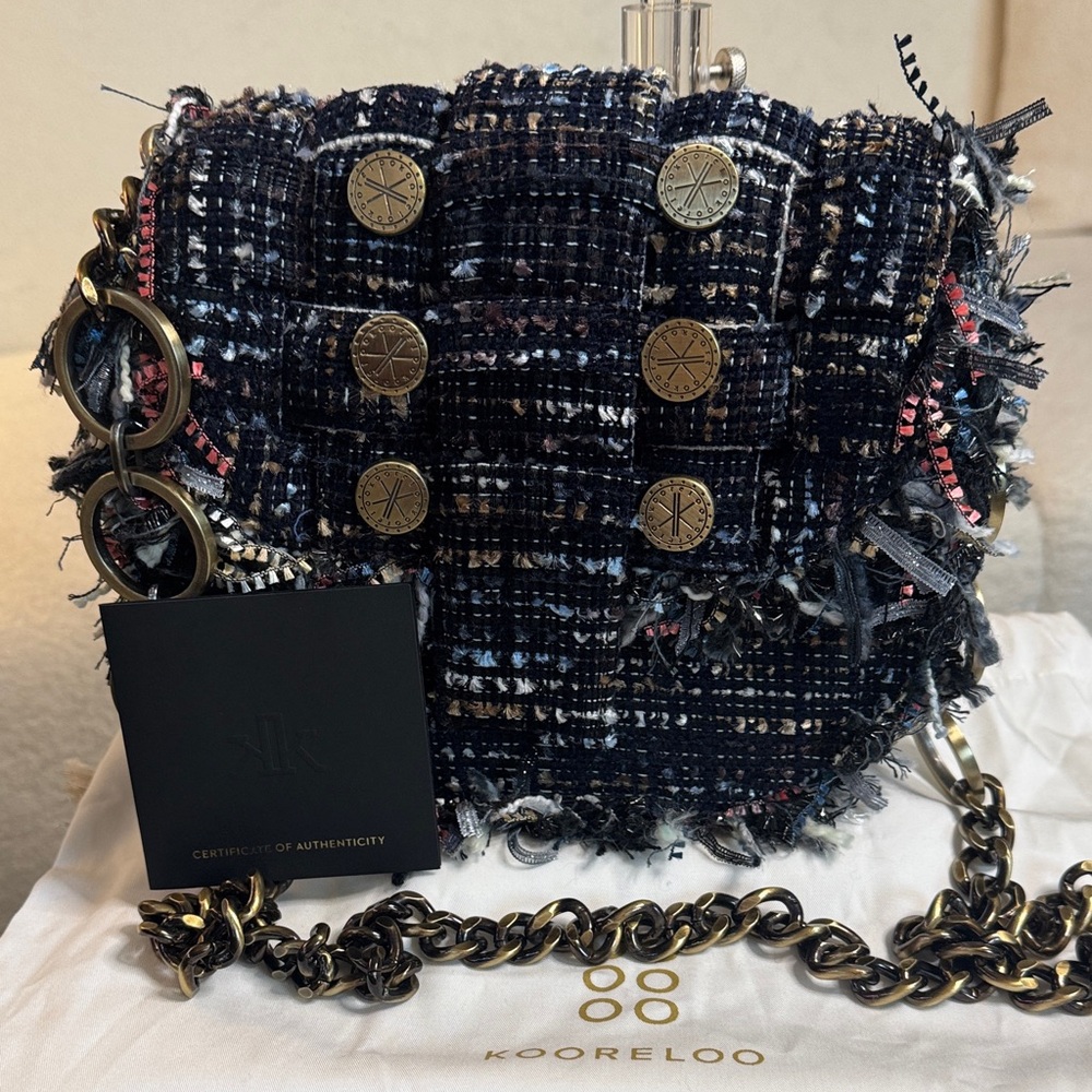 Kooreloo Navy Tweed Crossbody Bag with Brass Chain